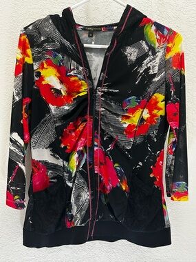 Alberto Makali Black Hoodie Jacket with Red, Yellow & Pink Floral Print, medium.